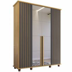 Guarda Roupas de Casal RV Móveis Holanda Ripado largura de 161,5 cm 4 portas 3 gavetas com espelho e pés Cinamomo Grafite
