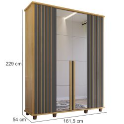 Guarda Roupas de Casal RV Móveis Holanda Ripado largura de 161,5 cm 4 portas 3 gavetas com espelho e pés Cinamomo Grafite