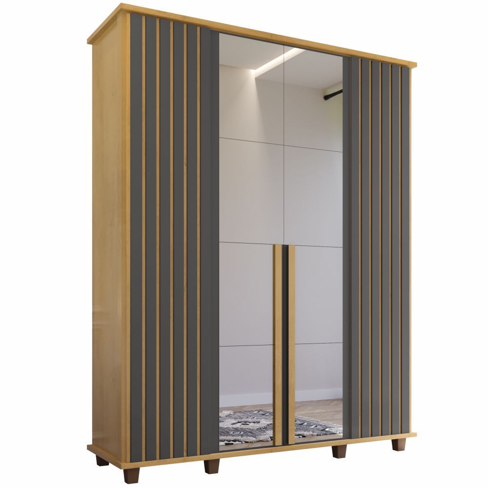 Guarda Roupas de Casal RV Móveis Holanda Ripado largura de 161,5 cm 4 portas 3 gavetas com espelho e pés Cinamomo Grafite