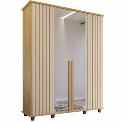 Guarda Roupas de Casal RV Móveis Holanda Ripado largura de 161,5 cm 4 portas 3 gavetas com espelho e pés Cinamomo OFF White