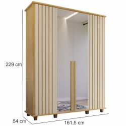 Guarda Roupas de Casal RV Móveis Holanda Ripado largura de 161,5 cm 4 portas 3 gavetas com espelho e pés Cinamomo OFF White