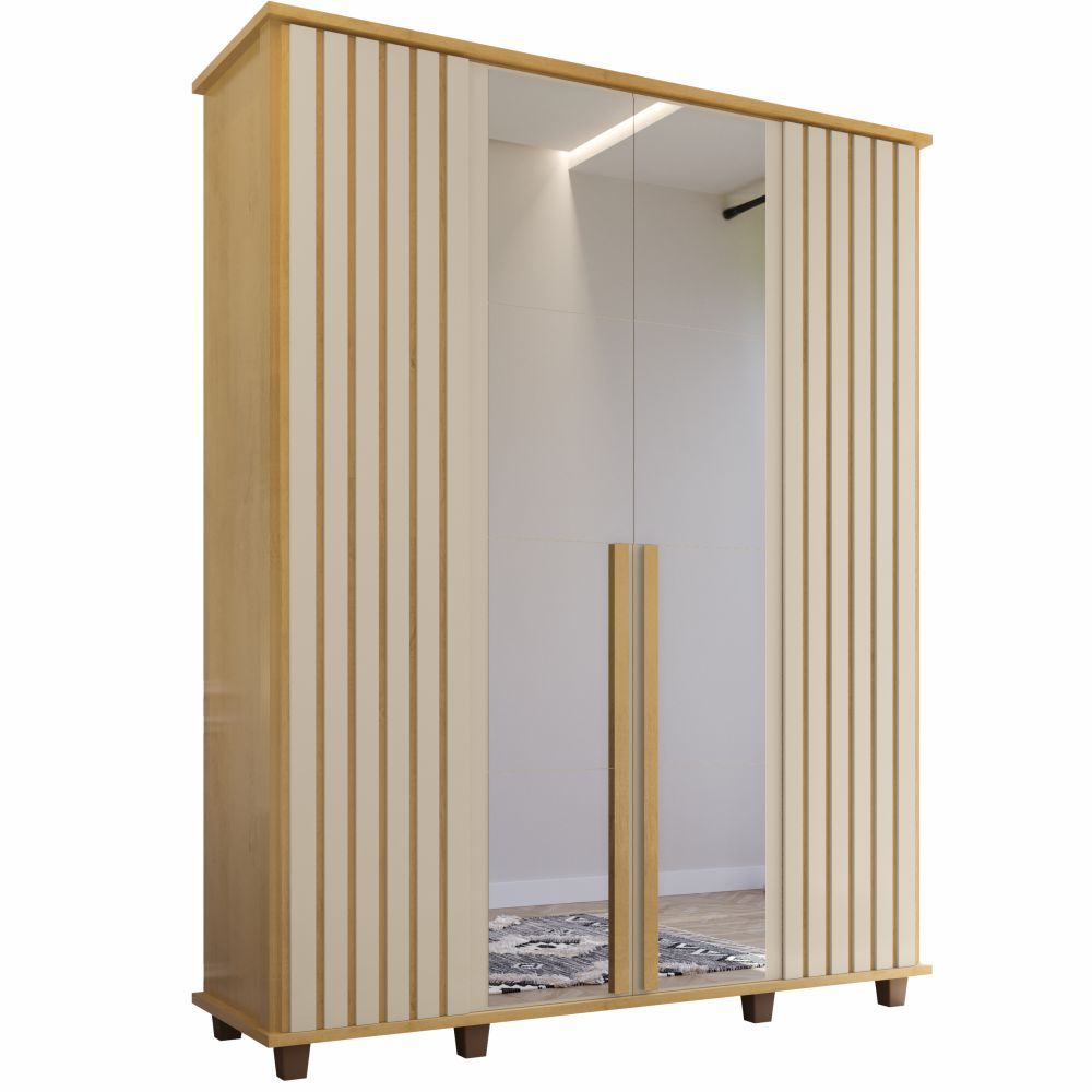 Guarda Roupas de Casal RV Móveis Holanda Ripado largura de 161,5 cm 4 portas 3 gavetas com espelho e pés Cinamomo OFF White