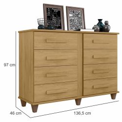 Cômoda RV Móveis Geórgia 8 gavetas e largura de 136 cm e pês Cinamomo