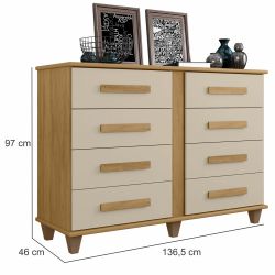 Cômoda RV Móveis Geórgia 8 gavetas largura de 136,5 cm e pes Cinamomo OFF White
