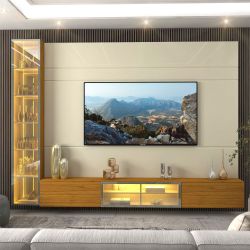 Painel Estante Home Suspenso Gelius Luminare Reflecta com LED 1 torre cristaleira com espelhos 100% MDF largura de 255 cm OFF White Naturale