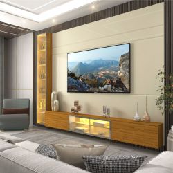 Painel Estante Home Suspenso Gelius Luminare Reflecta com LED 1 torre cristaleira com espelhos 100% MDF largura de 255 cm OFF White Naturale