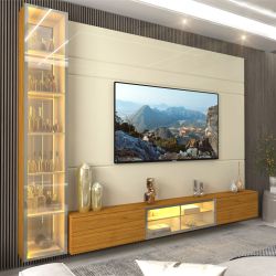 Painel Estante Home Suspenso Gelius Luminare Reflecta com LED 1 torre cristaleira com espelhos 100% MDF largura de 255 cm OFF White Naturale