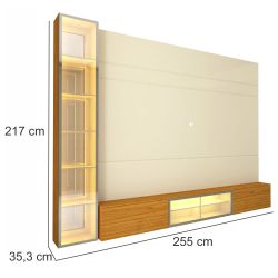 Painel Estante Home Suspenso Gelius Luminare Reflecta com LED 1 torre cristaleira com espelhos 100% MDF largura de 255 cm OFF White Naturale