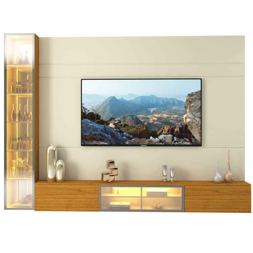 Painel Estante Home Suspenso Gelius Luminare Reflecta com LED 1 torre cristaleira com espelhos 100% MDF largura de 255 cm OFF White Naturale