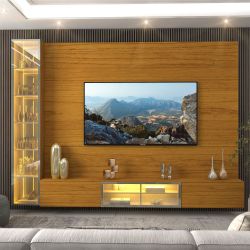 Painel Estante Home Suspenso Gelius Luminare Reflecta com LED 1 torre cristaleira com espelhos 100% MDF largura de 255 cm Naturale
