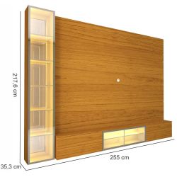 Painel Estante Home Suspenso Gelius Luminare Reflecta com LED 1 torre cristaleira com espelhos 100% MDF largura de 255 cm Naturale