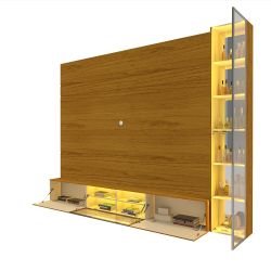 Painel Estante Home Suspenso Gelius Luminare Reflecta com LED 1 torre cristaleira com espelhos 100% MDF largura de 255 cm Naturale