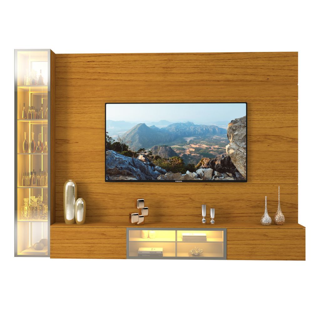 Painel Estante Home Suspenso Gelius Luminare Reflecta com LED 1 torre cristaleira com espelhos 100% MDF largura de 255 cm Naturale