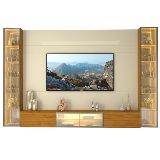 Painel Estante Home Suspenso Gelius Luminare Reflecta com LED 2 torres cristaleiras com espelhos 100% MDF largura de 293 cm OFF White Naturale  