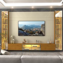 Painel Estante Home Suspenso Gelius Luminare Reflecta com LED 2 torres cristaleiras com espelhos 100% MDF largura de 293 cm OFF White Naturale  