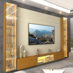Painel Estante Home Suspenso Gelius Luminare Reflecta com LED 2 torres cristaleiras com espelhos 100% MDF largura de 293 cm OFF White Naturale  