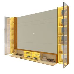 Painel Estante Home Suspenso Gelius Luminare Reflecta com LED 2 torres cristaleiras com espelhos 100% MDF largura de 293 cm OFF White Naturale  