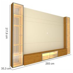 Painel Estante Home Suspenso Gelius Luminare Reflecta com LED 2 torres cristaleiras com espelhos 100% MDF largura de 293 cm OFF White Naturale  