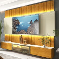 Painel Estante Home Suspenso Gelius Soberano Reflecta para TV de até 85 com LED largura de 230 cm Naturale OFF WHITE