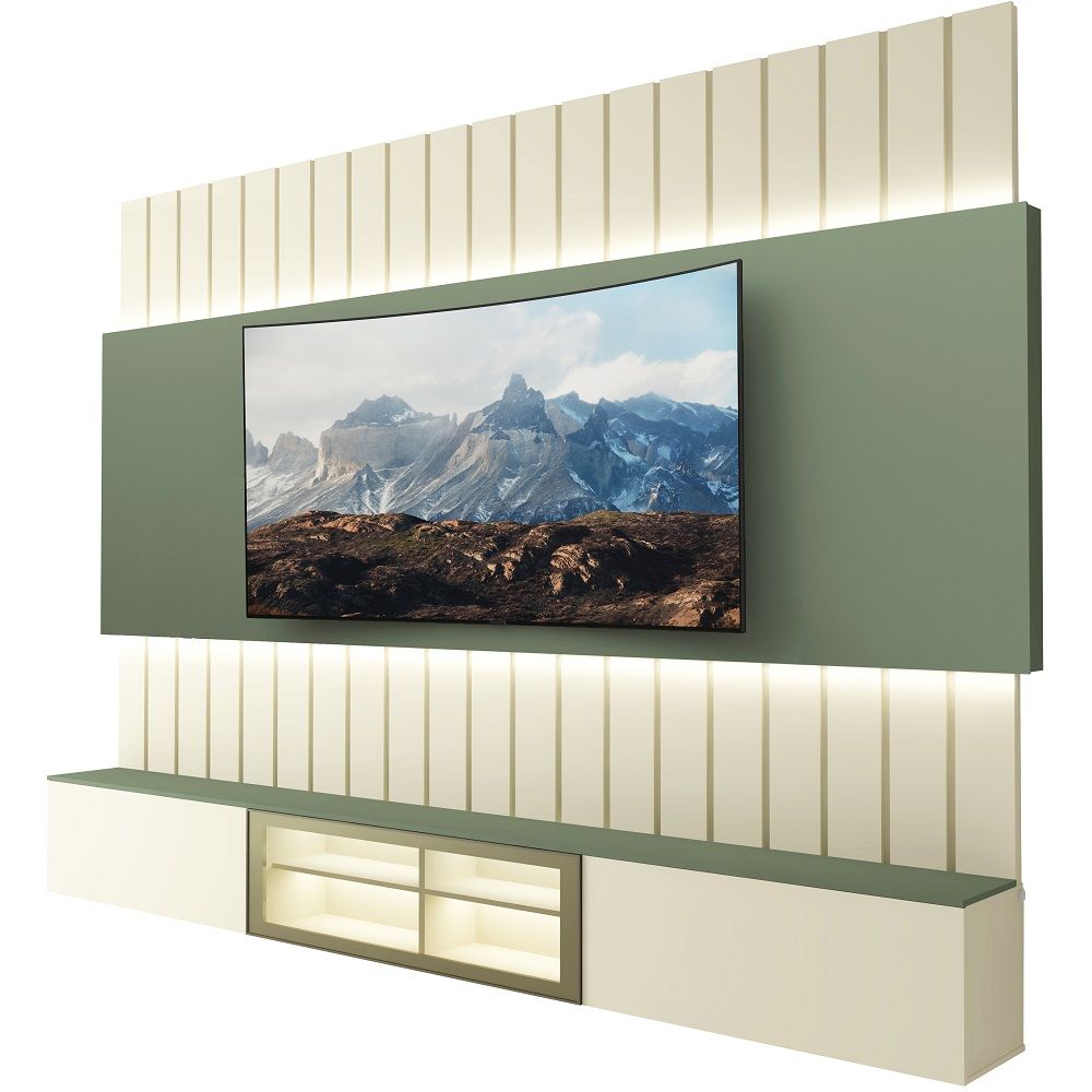Painel Estante Home Suspenso Gelius Soberano Reflecta para TV de até 85 com LED largura de 230 cm OFF White Verde Floresta