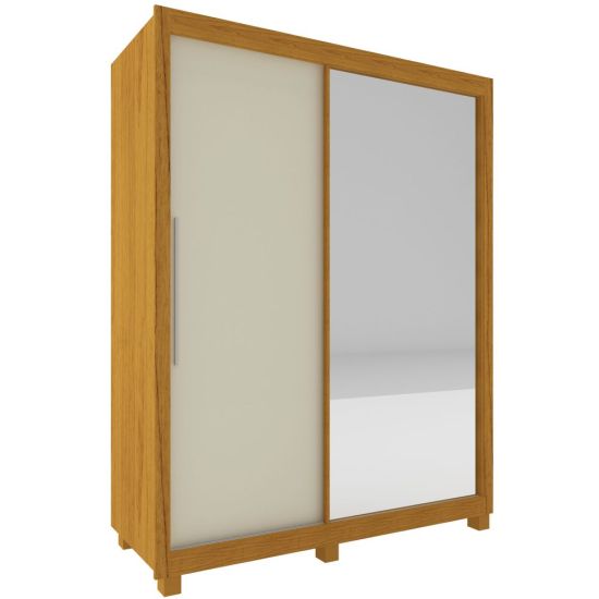 Guarda Roupa Solteiro Gelius Royale com 149 cm de Largura 2 portas de correr 3 gavetas com espelho pés Naturale Off White
