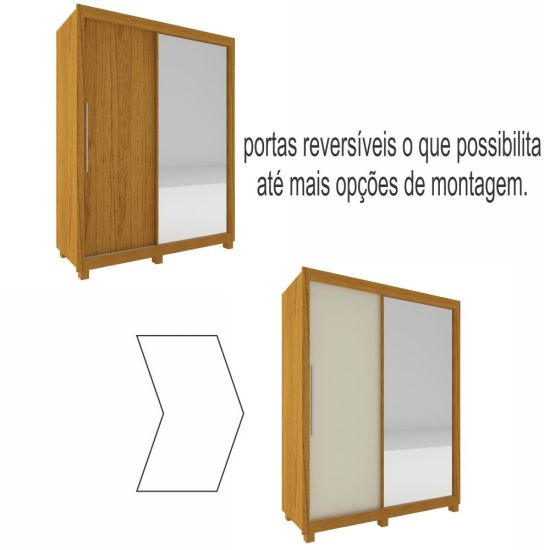 Guarda Roupa Solteiro Gelius Royale com 149 cm de Largura 2 portas de correr 3 gavetas com espelho pés Naturale Off White