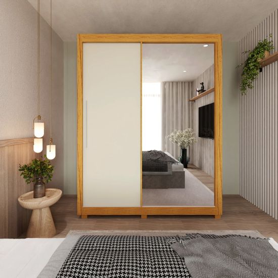 Guarda Roupa Solteiro Gelius Royale com 149 cm de Largura 2 portas de correr 3 gavetas com espelho pés Naturale Off White