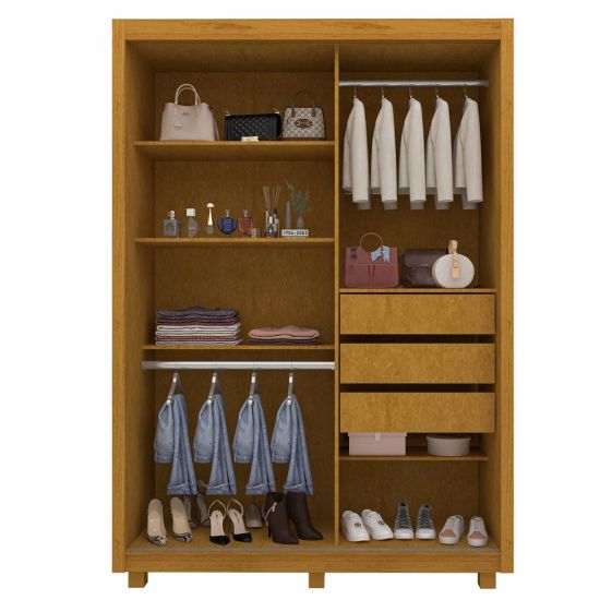 Guarda Roupa Solteiro Gelius Royale com 149 cm de Largura 2 portas de correr 3 gavetas com espelho pés Naturale Off White