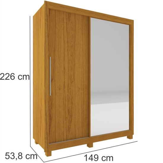 Guarda Roupa Solteiro Gelius Royale com 149 cm de Largura 2 portas de correr 3 gavetas com espelho pés Naturale Off White
