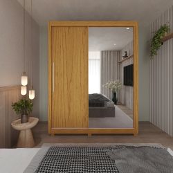 Guarda Roupa Solteiro Gelius Royale com 149 cm de Largura 2 portas de correr 3 gavetas com espelho pés Naturale Off White