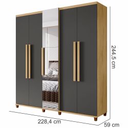 Guarda Roupas de Casal RV Móveis Munique 5 portas com espelho sapateira 3 gavetas larguras de 2,28 metros com pês Cinamomo Grafite