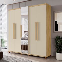 Guarda Roupas de Casal RV Móveis Munique 5 portas com espelho sapateira 3 gavetas larguras de 2,28 metros com pês Cinamomo OFF White