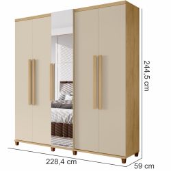 Guarda Roupas de Casal RV Móveis Munique 5 portas com espelho sapateira 3 gavetas larguras de 2,28 metros com pês Cinamomo OFF White