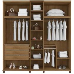 Guarda Roupas de Casal RV Móveis Munique 5 portas com espelho sapateira 3 gavetas larguras de 2,28 metros com pês Freijo/OFF White