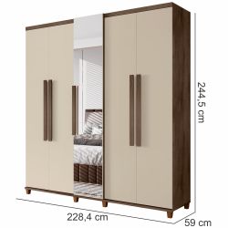 Guarda Roupas de Casal RV Móveis Munique 5 portas com espelho sapateira 3 gavetas larguras de 2,28 metros com pês Freijo/OFF White