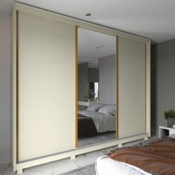 Guarda Roupa Roupeiro de Casal Gelius Platinum 100% MDF com 3 portas de correr espelho e pés OFF White