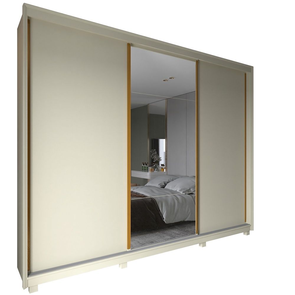Guarda Roupa Roupeiro de Casal Gelius Platinum 100% MDF com 3 portas de correr espelho e pés OFF White