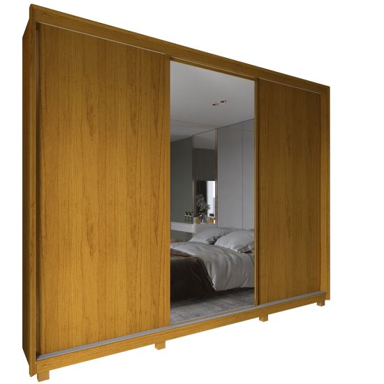 Guarda Roupa Roupeiro de Casal Gelius Platinum 100% MDF com 3 portas de correr espelho e pés Naturalle OFF White