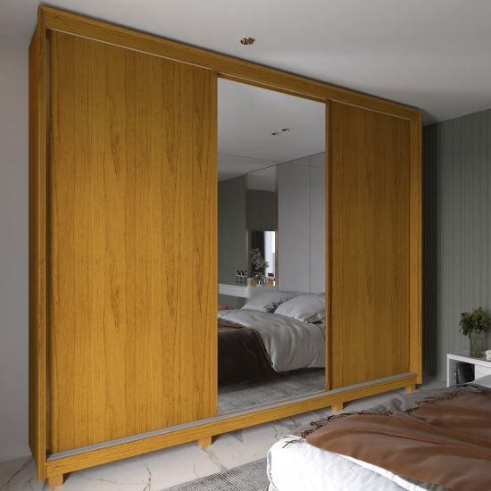 Guarda Roupa Roupeiro de Casal Gelius Platinum 100% MDF com 3 portas de correr espelho e pés Naturalle OFF White