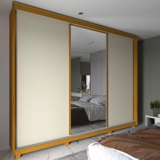 Guarda Roupa Roupeiro de Casal Gelius Platinum 100% MDF com 3 portas de correr espelho e pés Naturalle OFF White