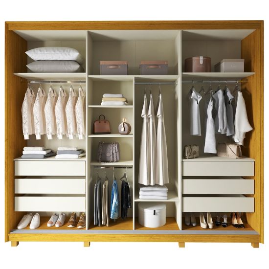 Guarda Roupa Roupeiro de Casal Gelius Platinum 100% MDF com 3 portas de correr espelho e pés Naturalle OFF White