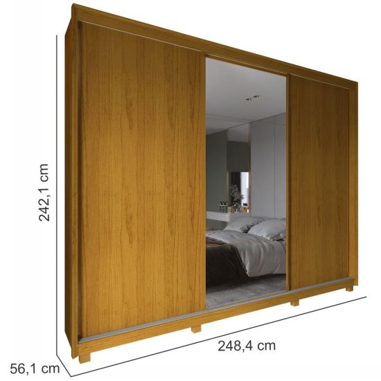 Guarda Roupa Roupeiro de Casal Gelius Platinum 100% MDF com 3 portas de correr espelho e pés Naturalle OFF White