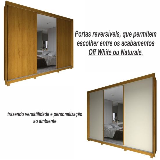 Guarda Roupa Roupeiro de Casal Gelius Platinum 100% MDF com 3 portas de correr espelho e pés Naturalle OFF White