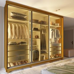 Guarda Roupa Roupeiro de Casal Gelius Platinum 100% MDF com 3 portas reflecta de correr LED e pés Naturale