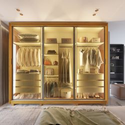 Guarda Roupa Roupeiro de Casal Gelius Platinum 100% MDF com 3 portas reflecta de correr LED e pés Naturale
