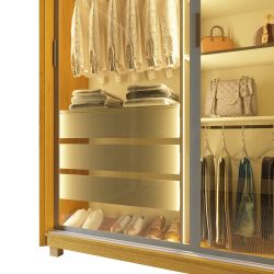 Guarda Roupa Roupeiro de Casal Gelius Platinum 100% MDF com 3 portas reflecta de correr LED e pés Naturale