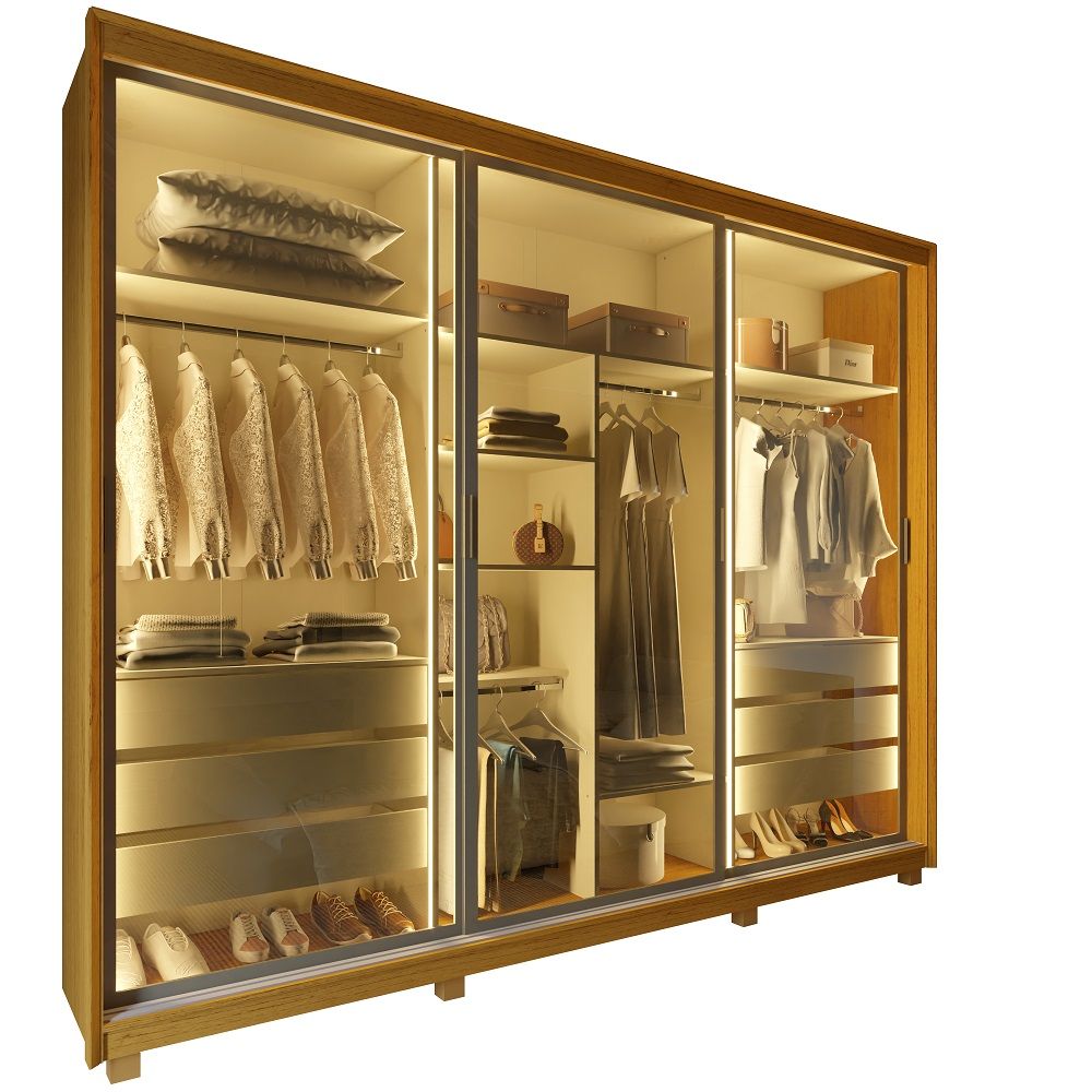 Guarda Roupa Roupeiro de Casal Gelius Platinum 100% MDF com 3 portas reflecta de correr LED e pés Naturale