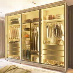 Guarda Roupa Roupeiro de Casal Gelius Platinum 100% MDF com 3 portas reflecta de correr LED e pés OFF White