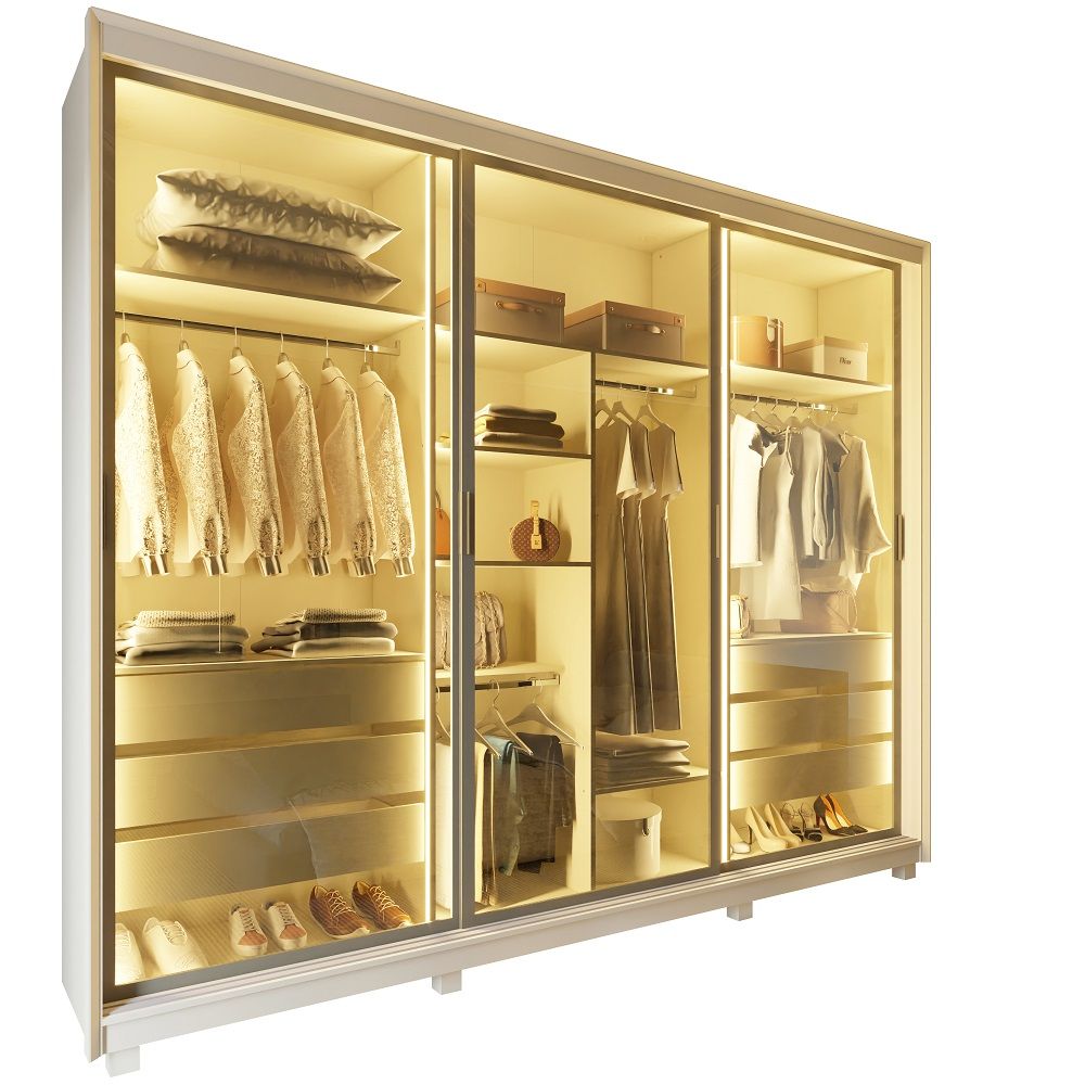 Guarda Roupa Roupeiro de Casal Gelius Platinum 100% MDF com 3 portas reflecta de correr LED e pés OFF White