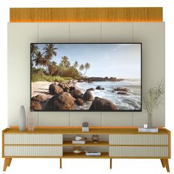 Painel Gelius Magnifico tecnológico e rack Magnifico 100% MDF com LED largura de 220 cm pés de madeira maciça Naturale OFF White